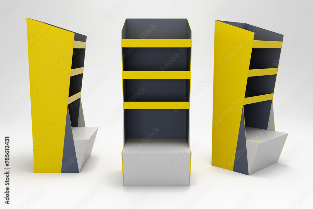 Poster yellow pos floor stand display, blank empty advertisement stand mock up, front view, 3d rendering