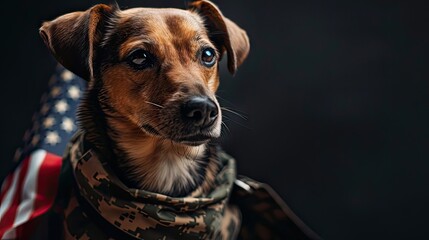 Obraz premium A cute brown dog poses indoors, wearing a military shirt and American Flag