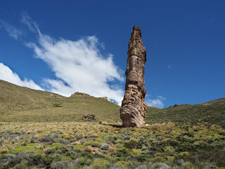 Piedra Clavada or Nailed Stone.  A strange rock formation in Patagonia, southern Chile. 40 meters...