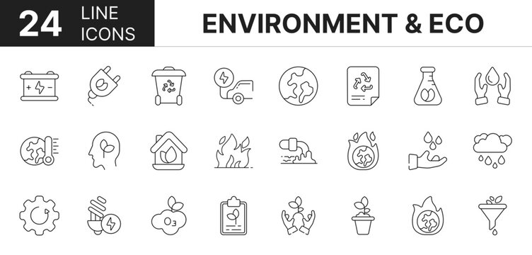 Collection of 24 environment & ecology line icons featuring editable strokes. These outline icons depict various modes of environment & ecology, nature, bio, green, recycling,
