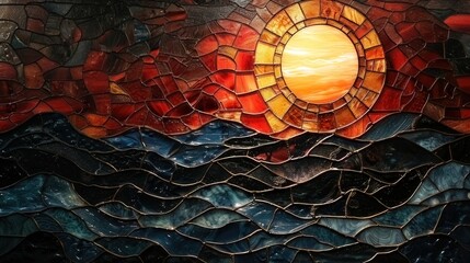 Marine Mosaic, Right-Side Sun, Stained Glass Illusion with Ocean Wave
