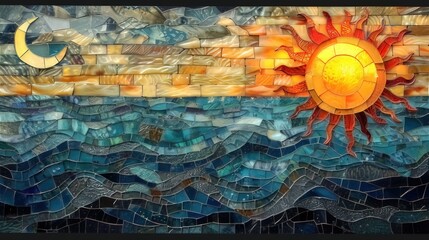 An ocean-themed mosaic art piece, featuring a marine mosaic with a sun on the right side, creating a stained glass illusion of an ocean wave
