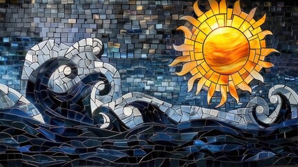 An ocean-themed mosaic art piece, featuring a marine mosaic with a sun on the right side, creating a stained glass illusion of an ocean wave
