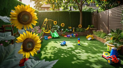 Lively backyard for children with soft artificial turf, sunflowers, and colorful toys.