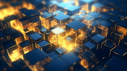 Obraz premium 3D futuristic metallic blocks blue and golden blocks background generative ai
