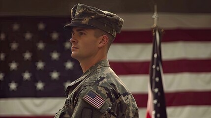 A US soldier stands tall in his uniform against a backdrop of the American flag.