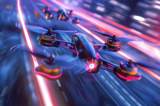 Illustrate the excitement of drone racing through a captivating low-angle view, highlighting the sleek design of the drones and the competitive spirit of the event, using a mix of CG 3D rendering and