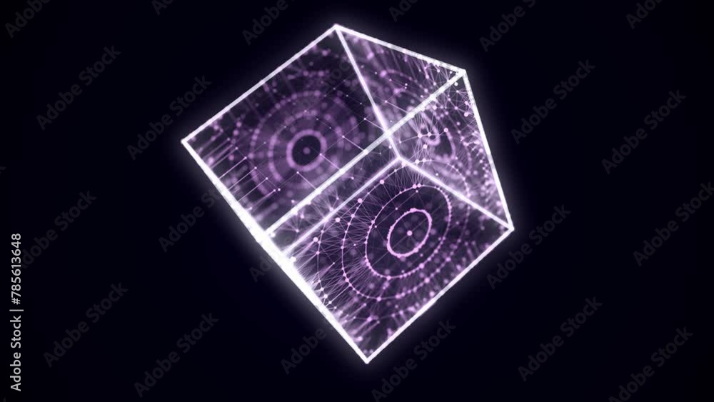 Fototapete Abstract blue cube with connecting dots and lines. Big data visualization. Blockchain technology concept. Wireframe network connection structure with circle. 3d rendering.