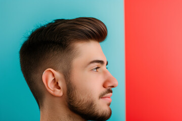 Fototapeta premium Portrait of Young Man with Stylish Hair, Colorful Background, Confident Expression