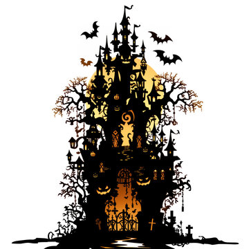 Casa del terror, plantilla decorativa, silueta castillo terrorífico calabazas, murciélagos árboles, elementos para Halloween, fondo blanco silueta naranja, negro, adornos, arabescos, ilustración