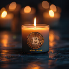 Vela encendida vaso de cristal, con el símbolo de Bitcoin, texto "Lightning Network", encendido tecnológico, fondo luces de velas encendidas sobre tono negro, base de piedra, visto de frente