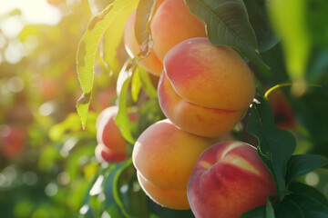 Juicy Peaches on Branch, Sunny Orchard, Seasonal Fruit Picking