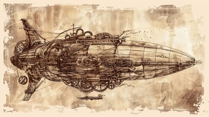 steampunk airship with gears and mechanical wings vintage sepia sketch drawing - obrazy, fototapety, plakaty