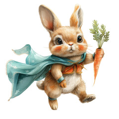 Bunny wears a superhero costume and carries a carrot as a weapon.