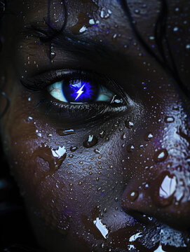 Rostro, close-up, mujer negra, con la cara mojada con gotas, el ojo con el s&iacute;mbolo de Lightning Network, capa 2 de la Blockchain de Bitcoin, mirada en el futuro