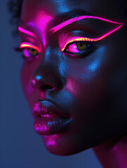 Primer plano de mujer joven, negra, ojos verdes maquillados con novedosa tendencia, colores con brillo lumínico, nocturnos, fiesta, efectos especiales, tonos rosas, naranjas amarillos, fondo gris azul