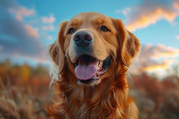 Golden Retriever, cute and happy face, sky background, hyper realistic photography in the style of unknown - obrazy, fototapety, plakaty