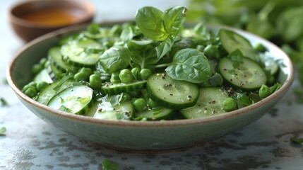 Obraz premium Close-up of a bowl filled with food Cucumbers and green leafy vegetables arranged on its edge