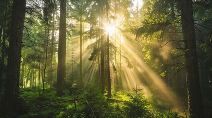 sunbeams filtering through the trees in a misty morning forest nature scenery