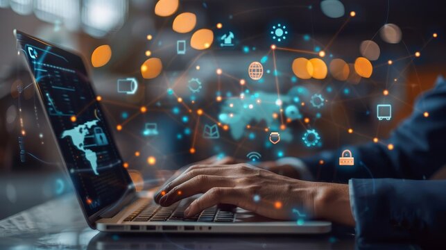 supply chain management scm concept with businessman using laptop and virtual logistic transport icons oil painting