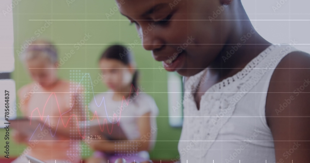 Poster image of data processing and numbers over diverse school children using tablets