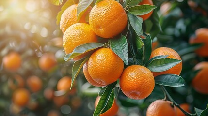 Bunch of fresh ripe oranges hanging on a tree in orange garden.