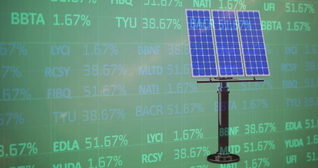 Image of financial data processing over solar panels and landscape