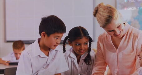 Image of data processing over business people using phone headsets
