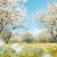 Spring Serenity - Tranquil Blooming Glade with Chamomile, Trees, and Blue Sky on a Sunny Day
