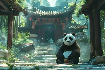 Illustrate a cartoon of a panda master sitting in meditation in the entrance of a small hut in a...