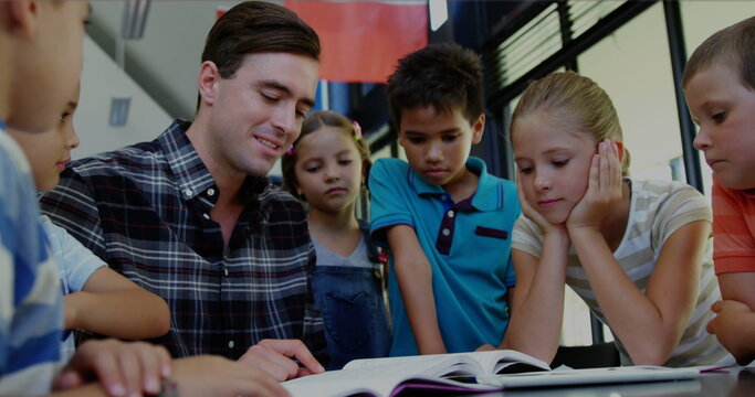 Image of financial data processing over diverse group of diverse pupils with male teacher