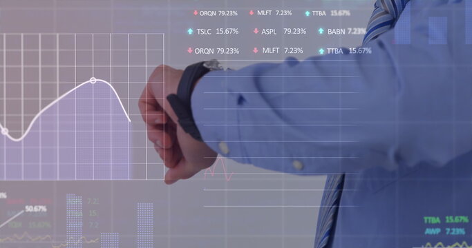 Image of data processing over caucasian businessman with smartwatch