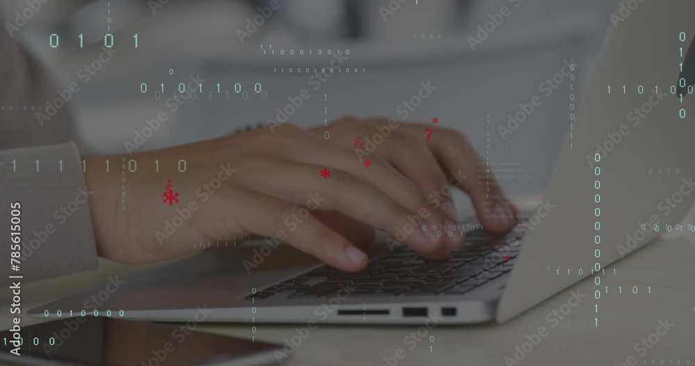 Poster image of data processing over hands using laptop