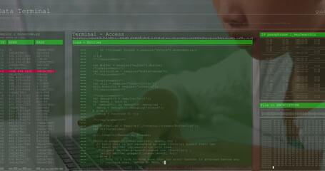 Image of data processing over asian girl using laptop