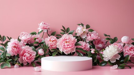 Round podium platform and spring beautiful peonies flowers around on pink background
