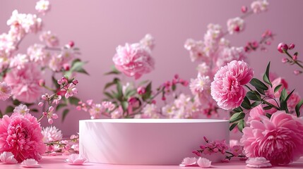 Round podium platform and spring beautiful peonies flowers around on pink background