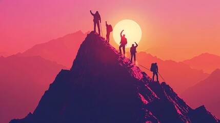 team of climbers reaching the top of a high mountain in the light of the setting sun celebrating their achievement concept illustration - obrazy, fototapety, plakaty