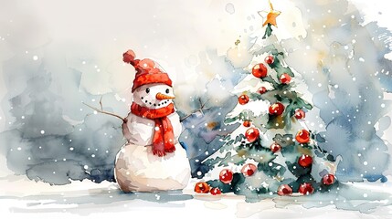 Snowman with a Christmas tree, watercolor	
 - obrazy, fototapety, plakaty