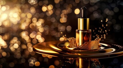A luxurious gold serum bottle for skincare, representing high-end beauty and cosmetic products with a golden essence for anti-aging and skin nourishment.