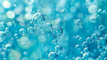 Close-up view of clear, sparkling oxygen bubbles rising in a glass of mineral water, symbolizing freshness, hydration, and health benefits associated with enriched drinking water. - obrazy, fototapety, plakaty