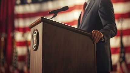 Politician stands at a podium, delivering a significant announcement or speech, with the flag prominently displayed in the background, symbolizing patriotism and political discourse. - obrazy, fototapety, plakaty