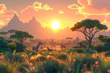low poly vr world for savannah plains environment with native animals like zebras,