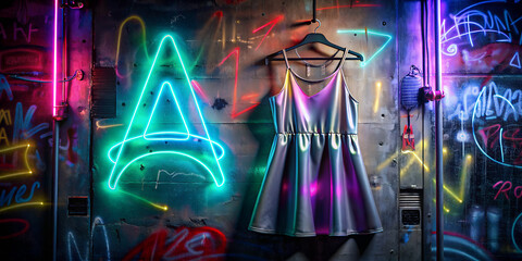 short silk dress on a hanger silk hi-tech style neon miniature a, black background with graffiti...