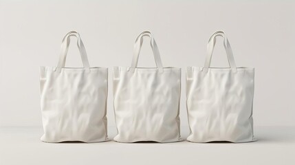 three white cotton eco bags with handles reusable shopping tote mockup sustainable fashion illustration - obrazy, fototapety, plakaty