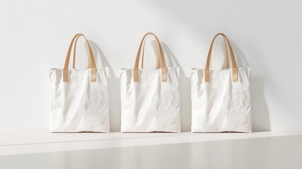 three white cotton eco bags with handles reusable shopping tote mockup sustainable fashion illustration - obrazy, fototapety, plakaty