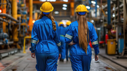Two female engineers in safety gear walk confidently through an industrial plant, symbolizing gender diversity in STEM fields.