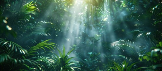 jungle canopy in the mist, lush green tropical forest - obrazy, fototapety, plakaty