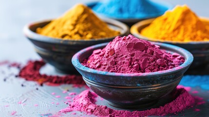Obraz na płótnie Canvas Colorful Holi Powder Colors in Bowls