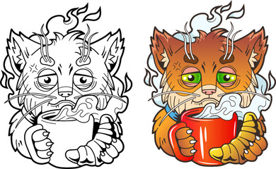 cute little cat with coffee, coloring book - 785615888