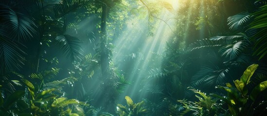 jungle canopy in the mist, lush green tropical forest - obrazy, fototapety, plakaty